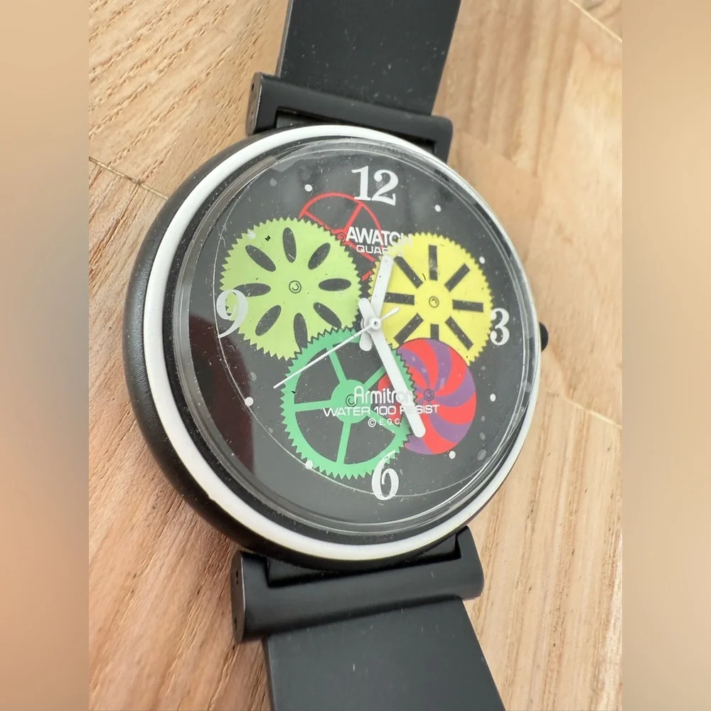 Vintage Armitron AWatch gears design black watch NEW BATTERY